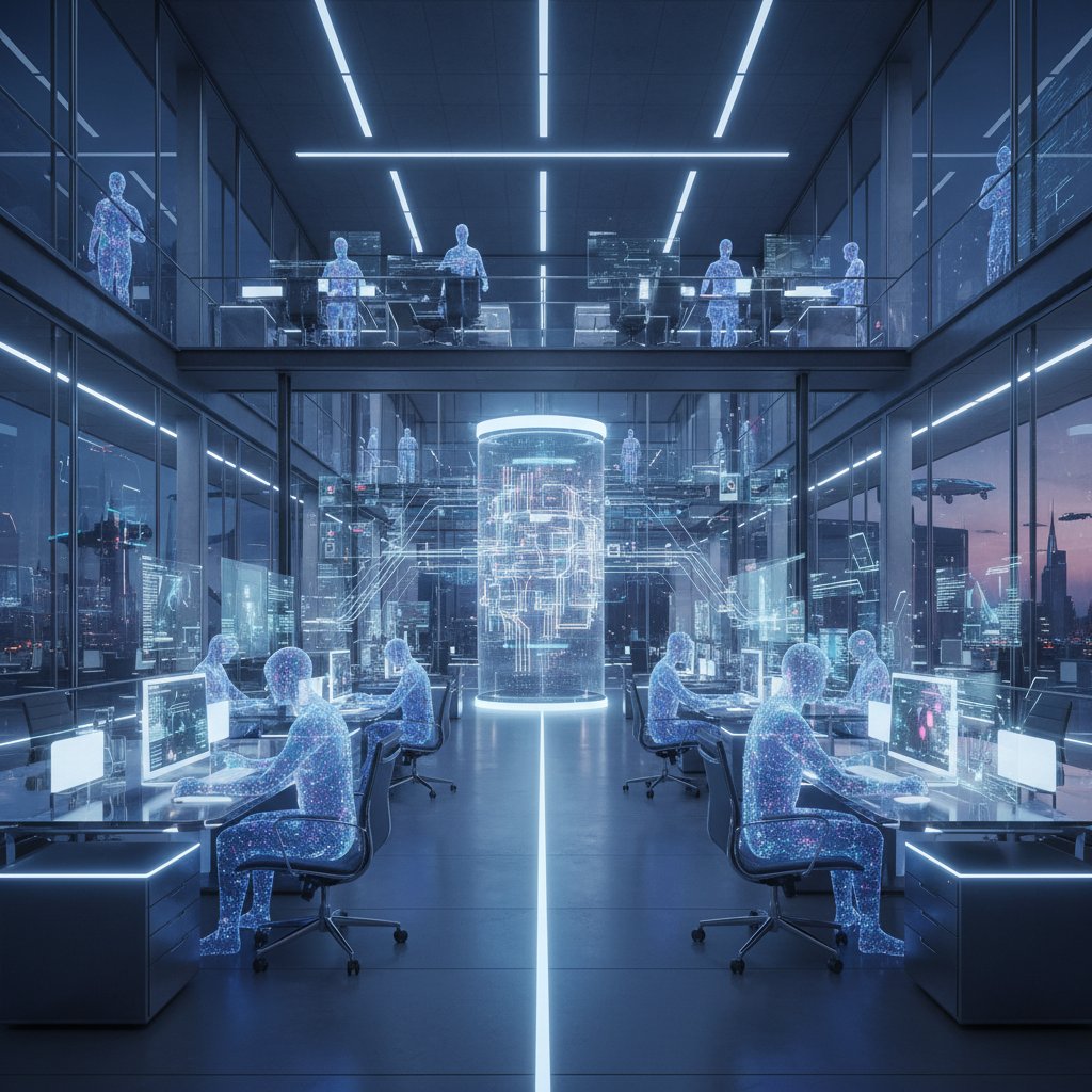Futurystyczne biuro z ludźmi i wirtualnymi pracownikami AI przy wspólnym stole