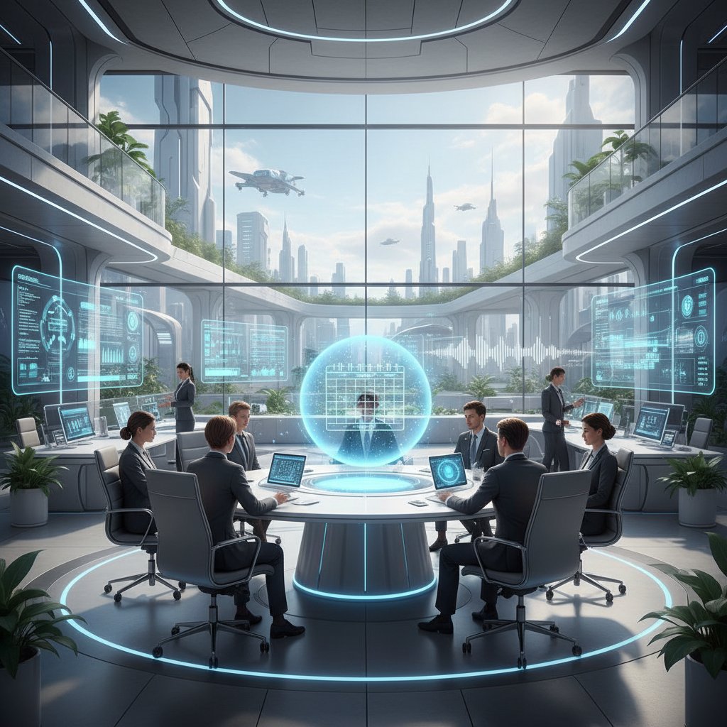 Futuristic office scene with voice assistants coordinating calendars for a team meeting