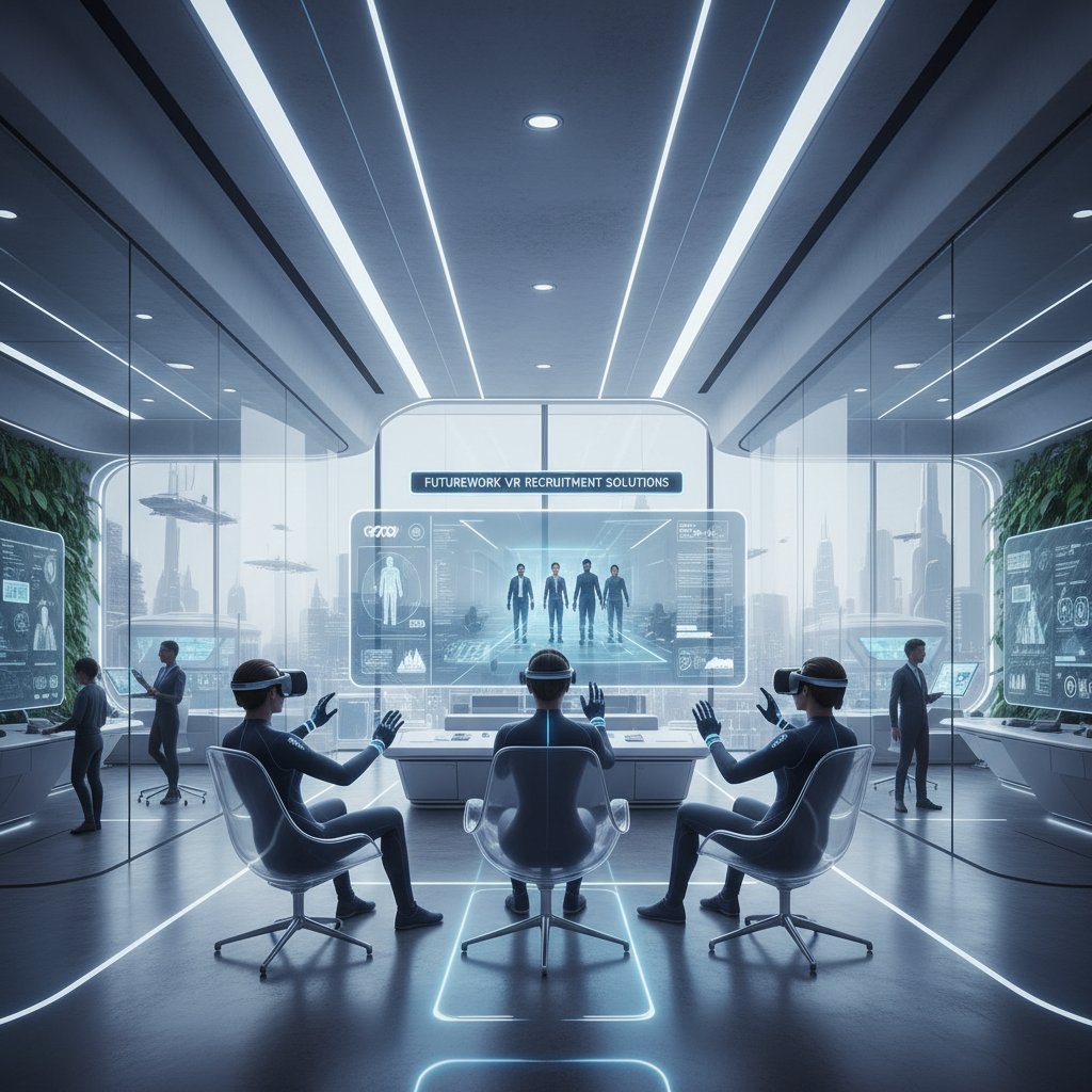 Nowoczesna firma korzystająca z VR podczas procesu rekrutacji, dynamiczna scena technologii przyszłości