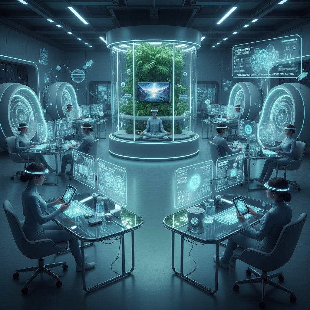 Pracownicy nowoczesnego biura korzystający z cyfrowych narzędzi do radzenia sobie ze stresem