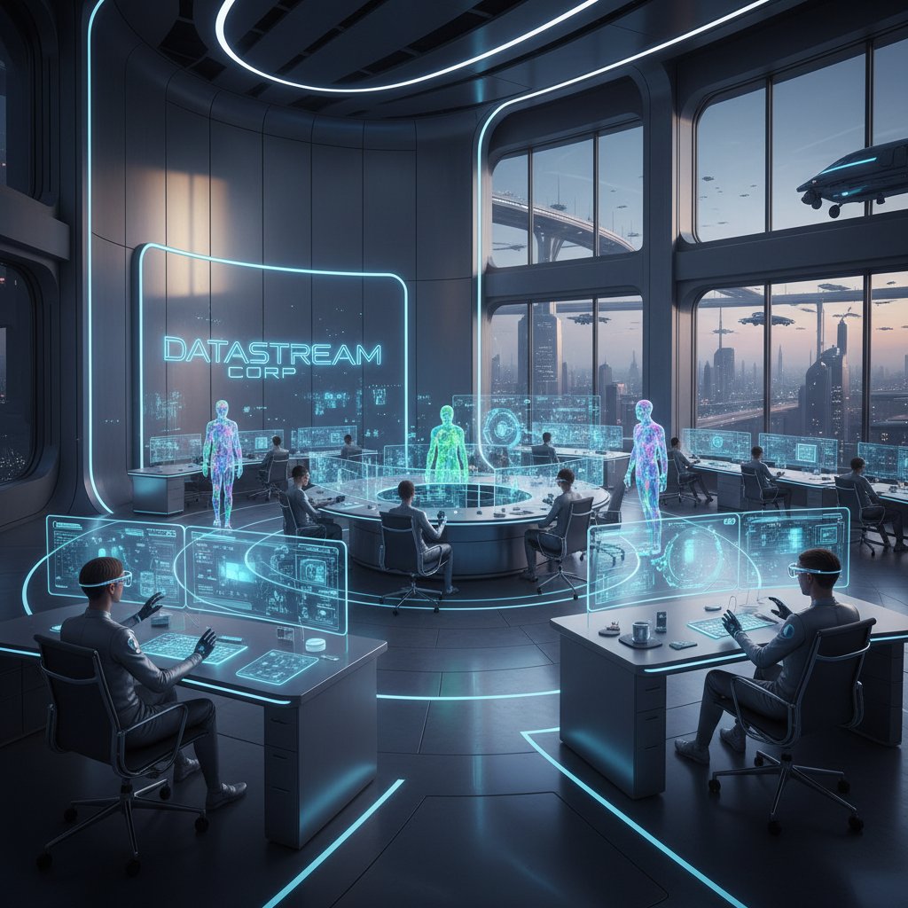 Futuristic office with human and digital avatars in creative collaboration, neon accents, cinematic mood