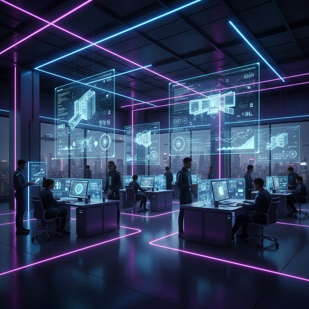 Otwarte biuro przyszłości ze współpracą AI, zespół ludzi i hologramy, nowoczesność, chaos kontrolowany