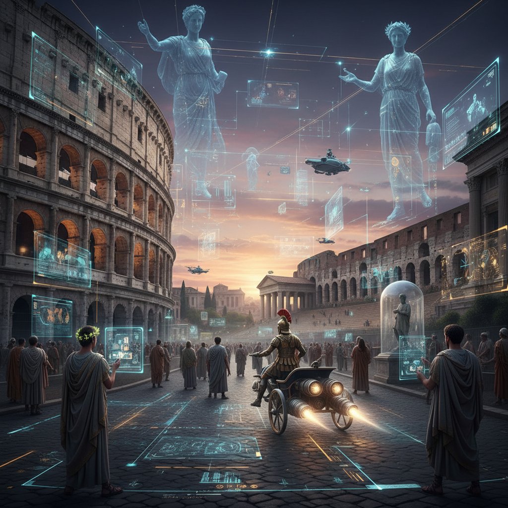 Futuristic period movie set blending historical costumes with augmented reality overlays and cutting-edge tech