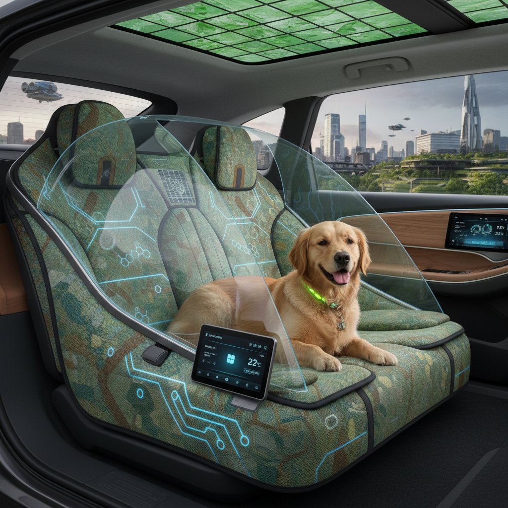 Next-gen pet seat cover with smart features and green materials, futuristic design in modern car interior