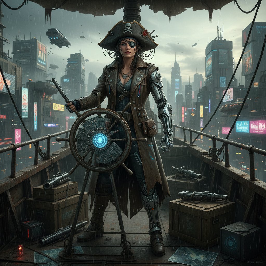 Futuristic pirate with cyberpunk prosthetics at ship’s wheel in pirate movies