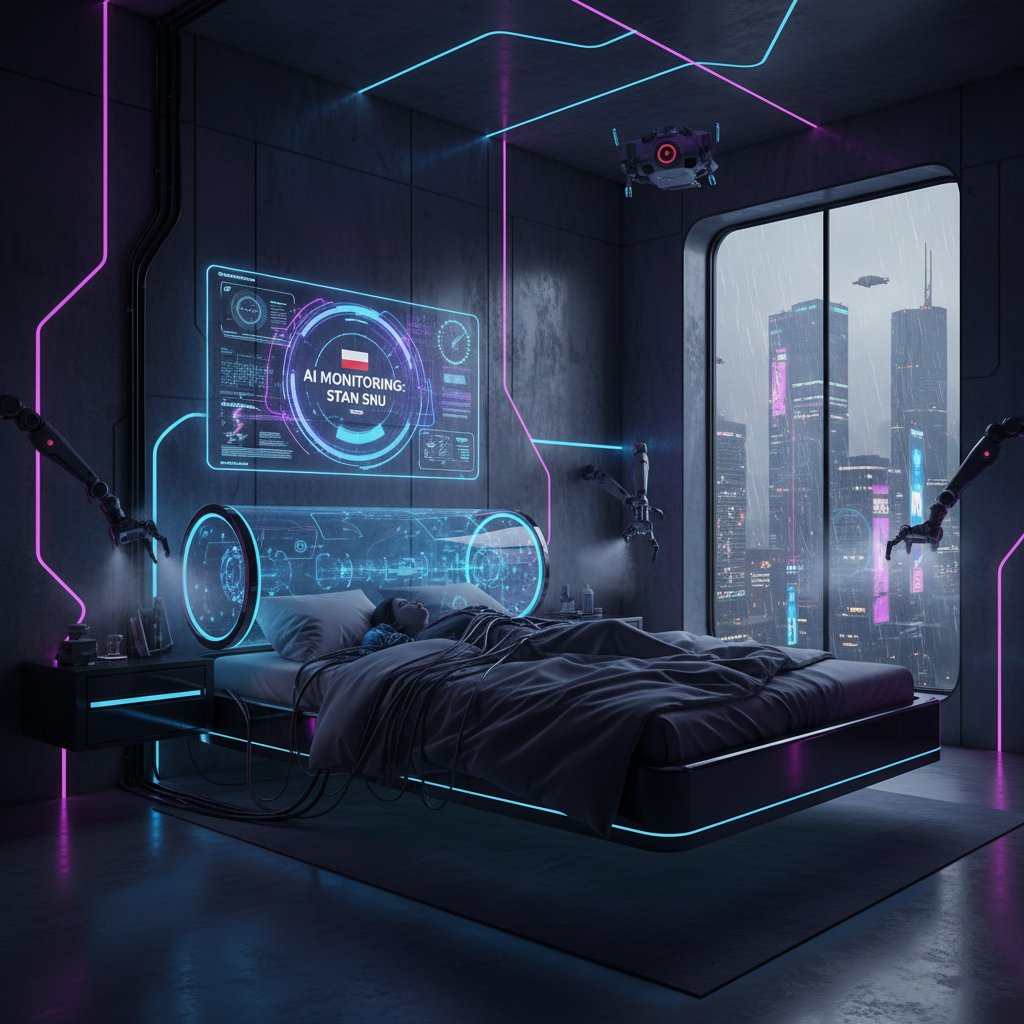 Nowoczesna sypialnia z elementami AI monitorującymi sen, podkreślająca przyszłość cyfrowej diagnostyki
