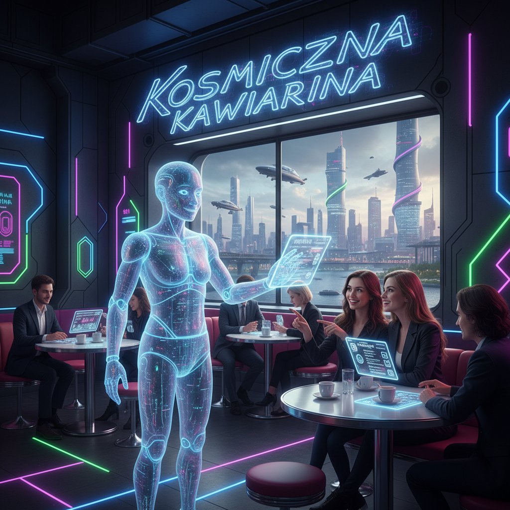 Przyszłość obsługi w kawiarni – holograficzny chatbot przyjmuje zamówienie, neonowe akcenty