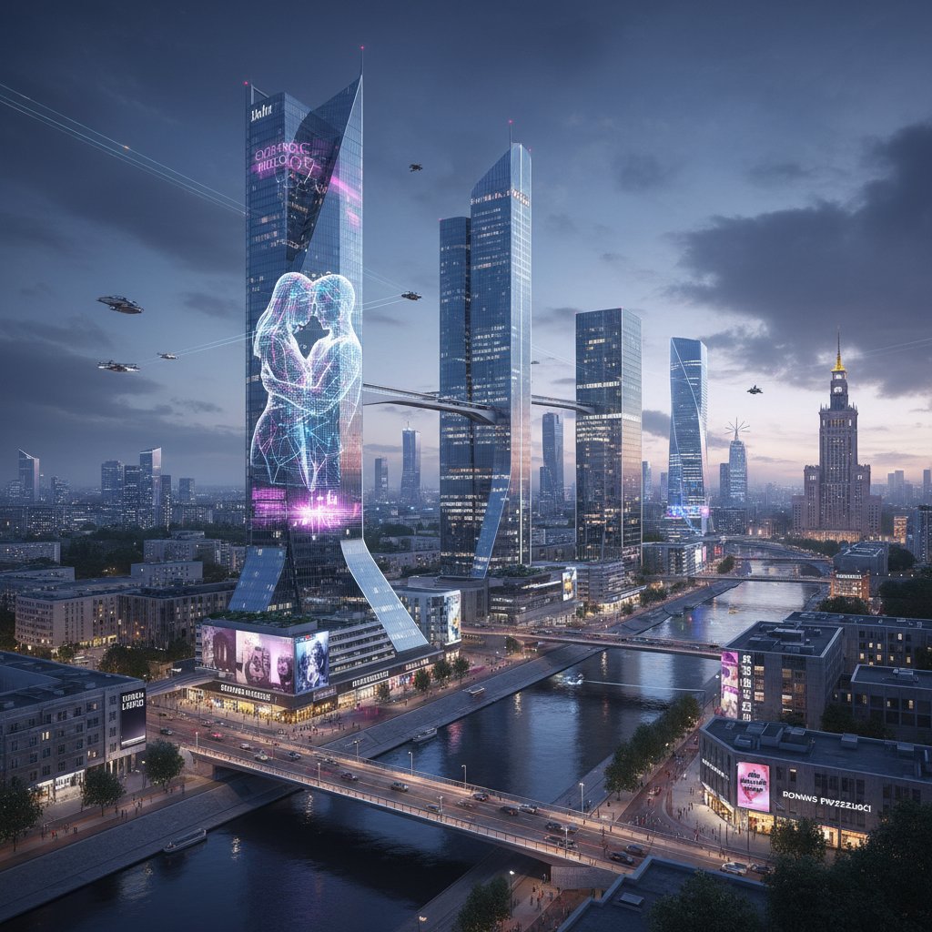Futurystyczna panorama polskiego miasta z motywami cyfrowego romansu, partnerka online w tle