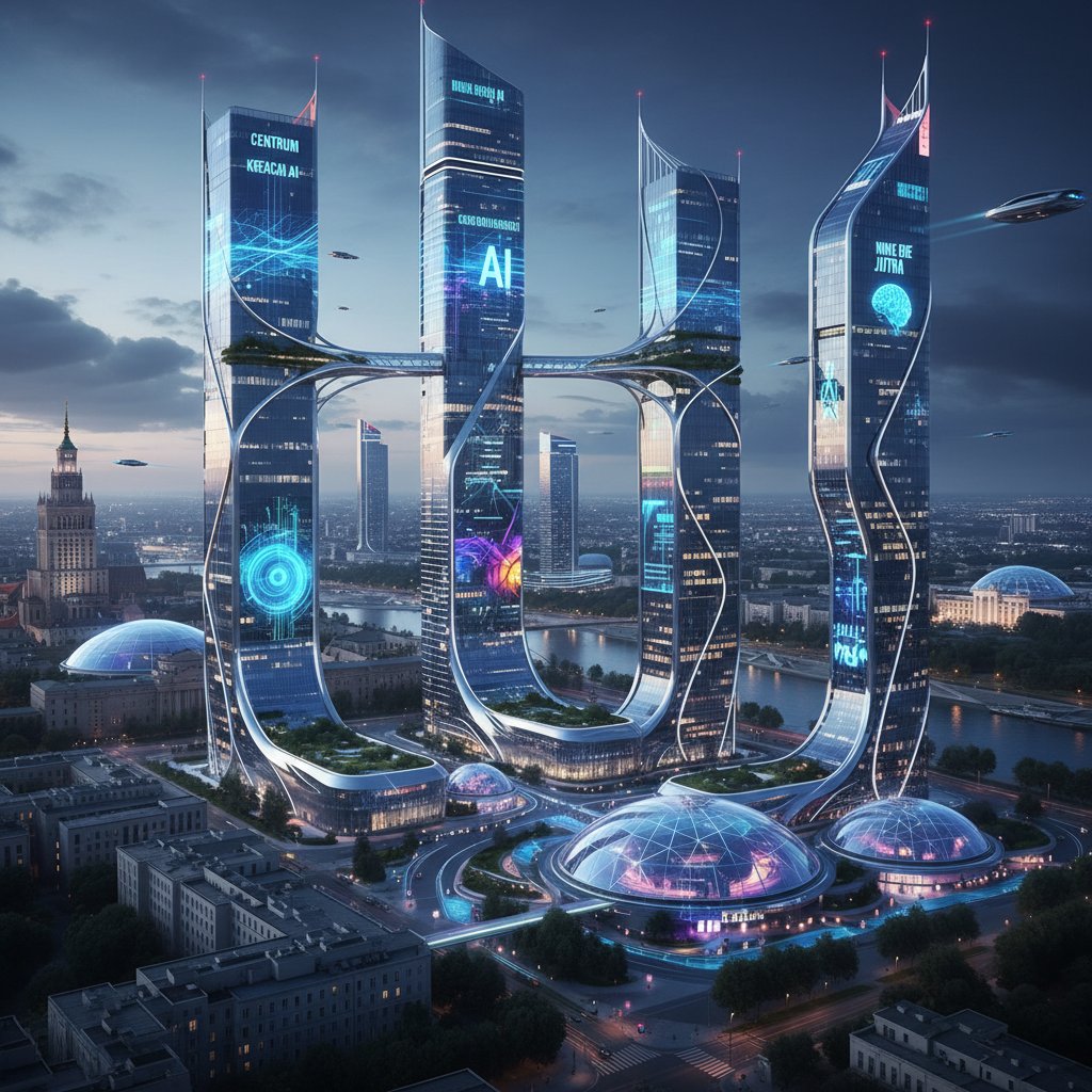Przyszłość branży kreatywnej w Polsce – panoramiczne miasto, cyfrowe billboardy, nowoczesne huby AI