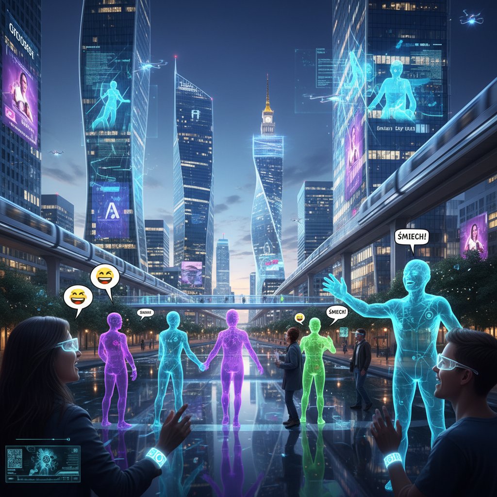 Wizja przyszłości rozmów online w polskim mieście, cyfrowe awatary i śmiech