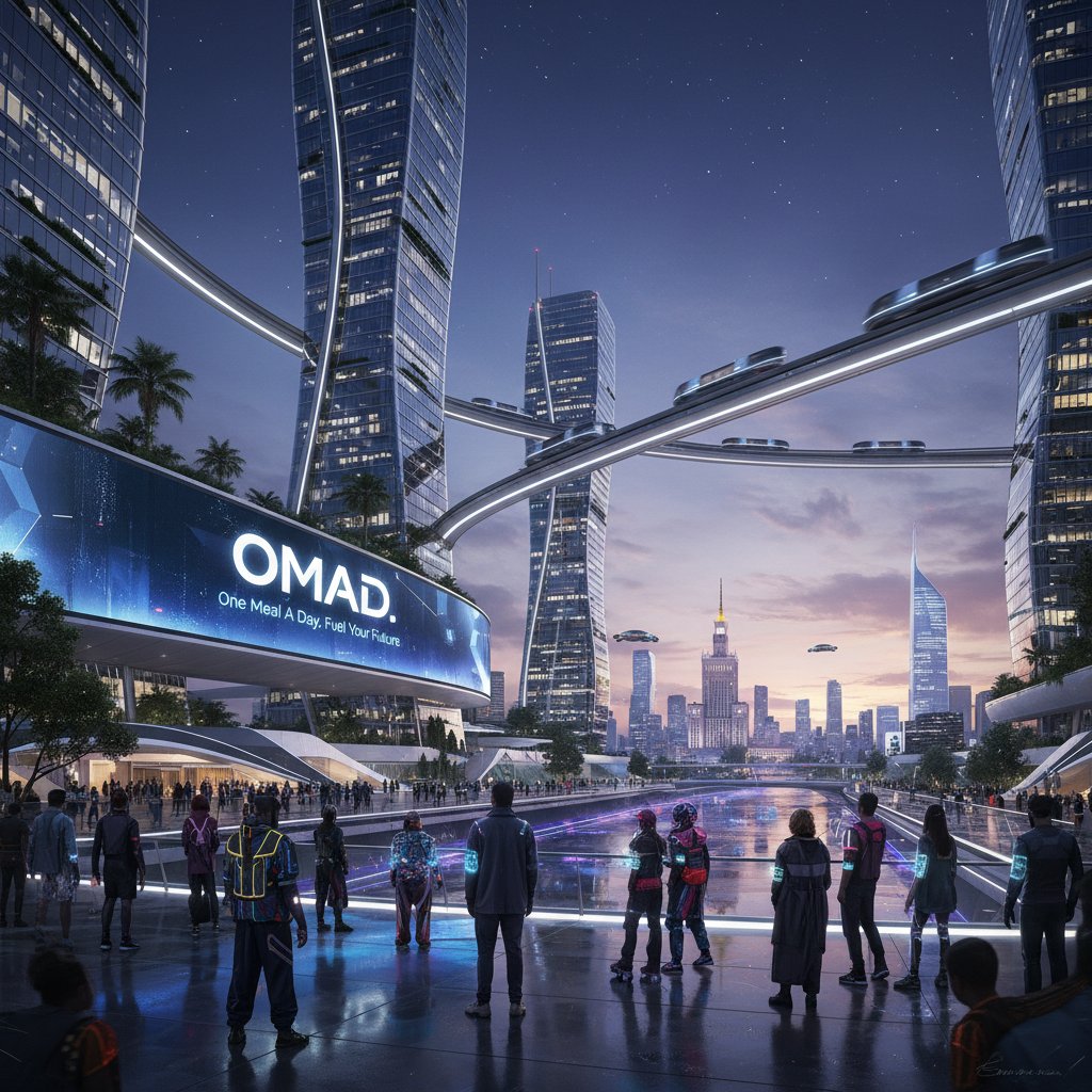 Przyszłość OMAD w polskim mieście, billboard z reklamą OMAD na futurystycznym tle