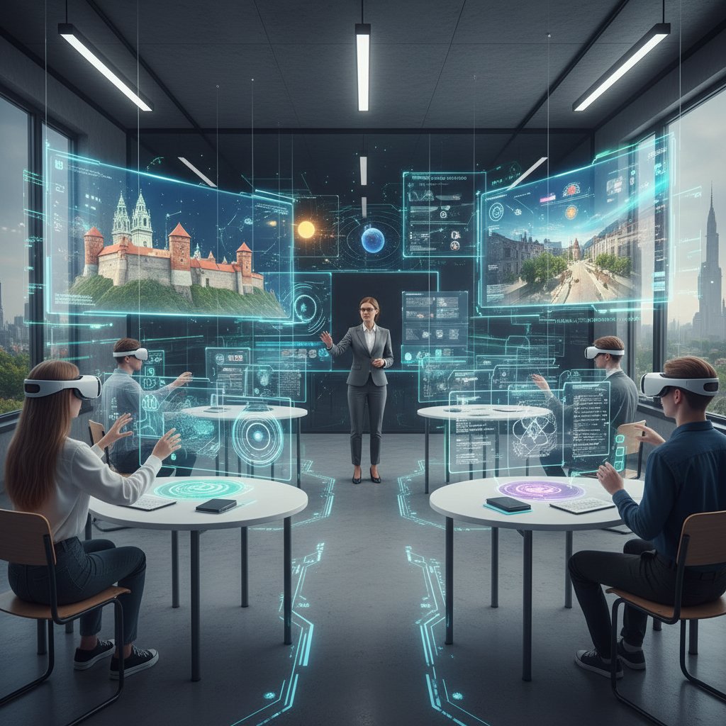 Przyszłość edukacji muzyki w Polsce, futurystyczna klasa, hologramy, uczniowie z urządzeniami VR/AR