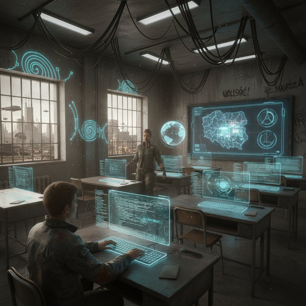 Przyszłość edukacji online w Polsce, futurystyczna klasa, holograficzne technologie, startup online korepetycje