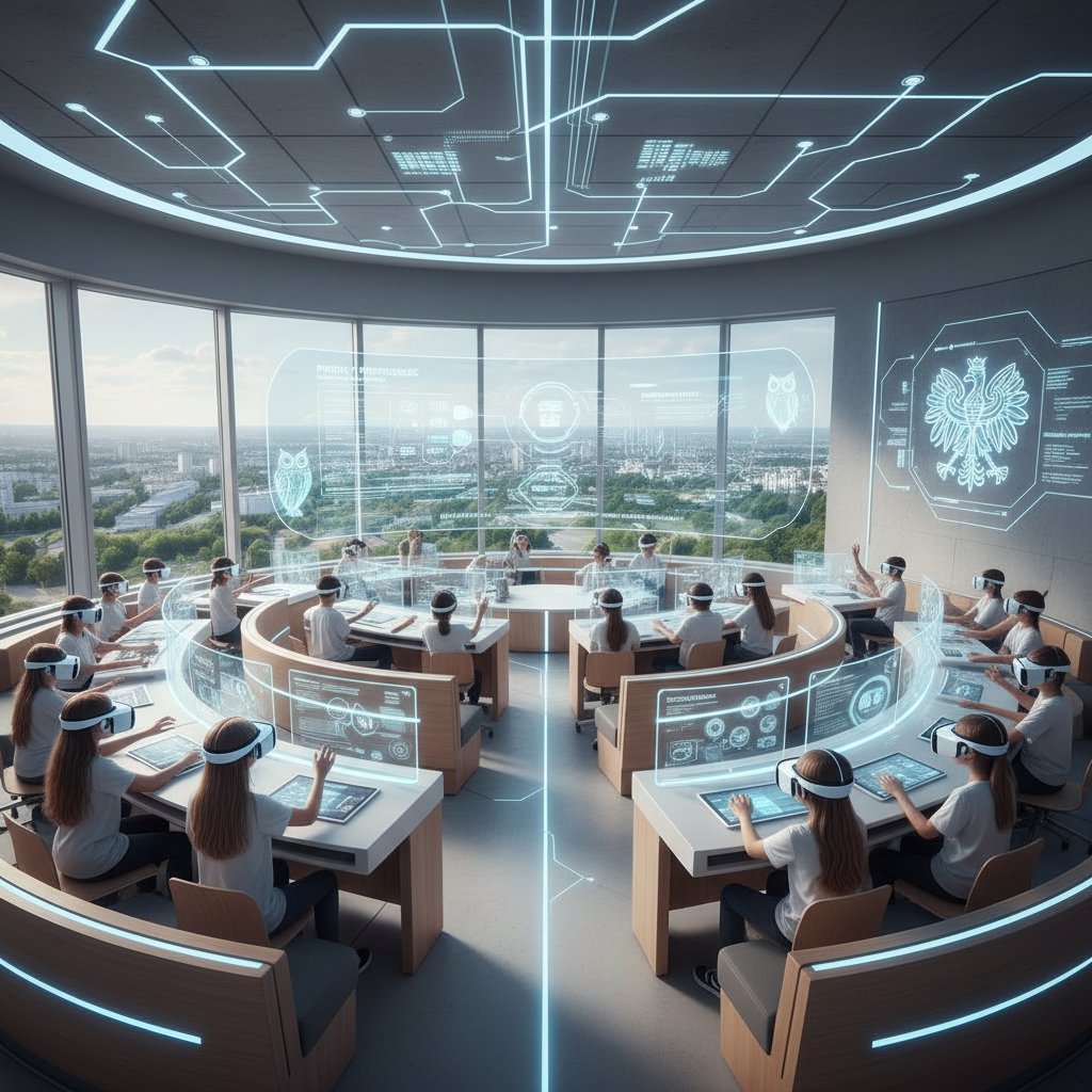 Nowoczesne narzędzia w nauczaniu problemowym online – polska klasa, uczniowie z VR, dynamiczna scena