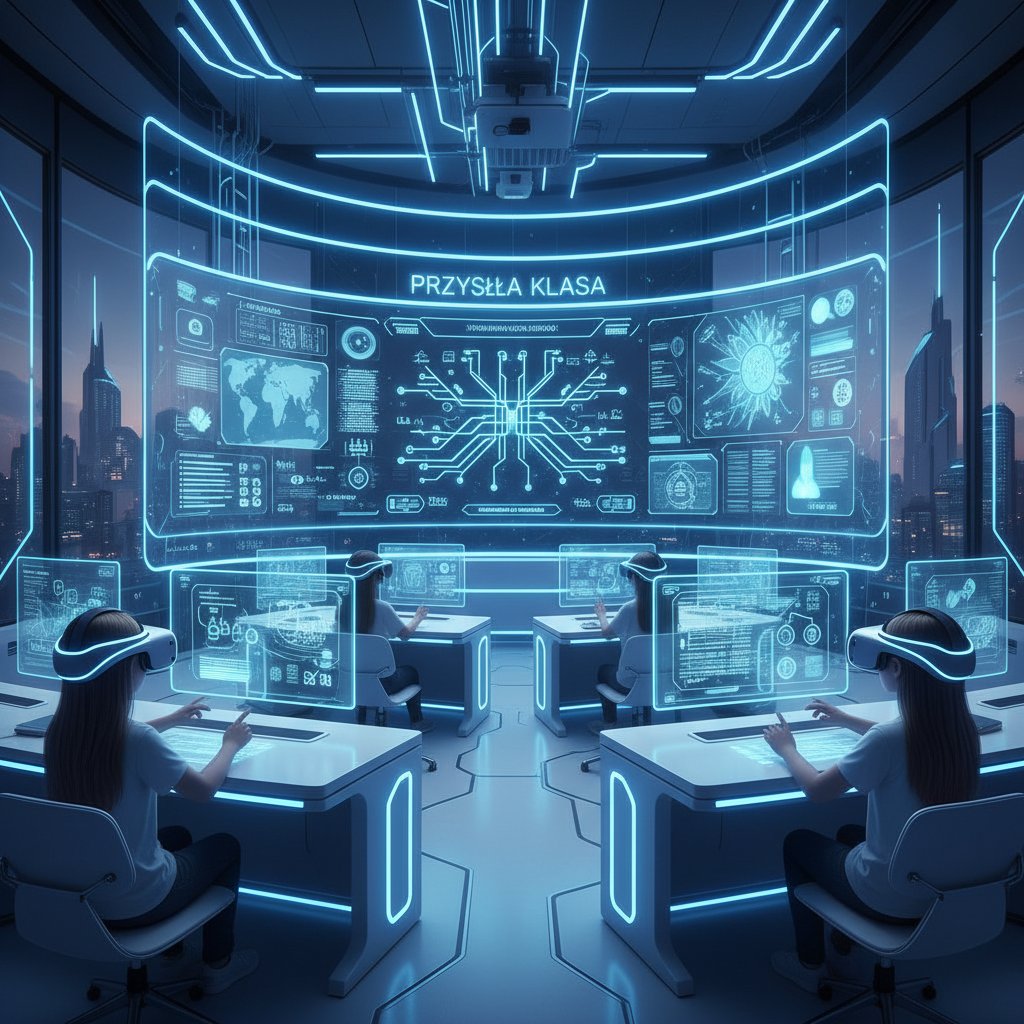 Nowoczesna polska klasa z VR i narzędziami adaptacyjnymi, niebieskie neonowe światło