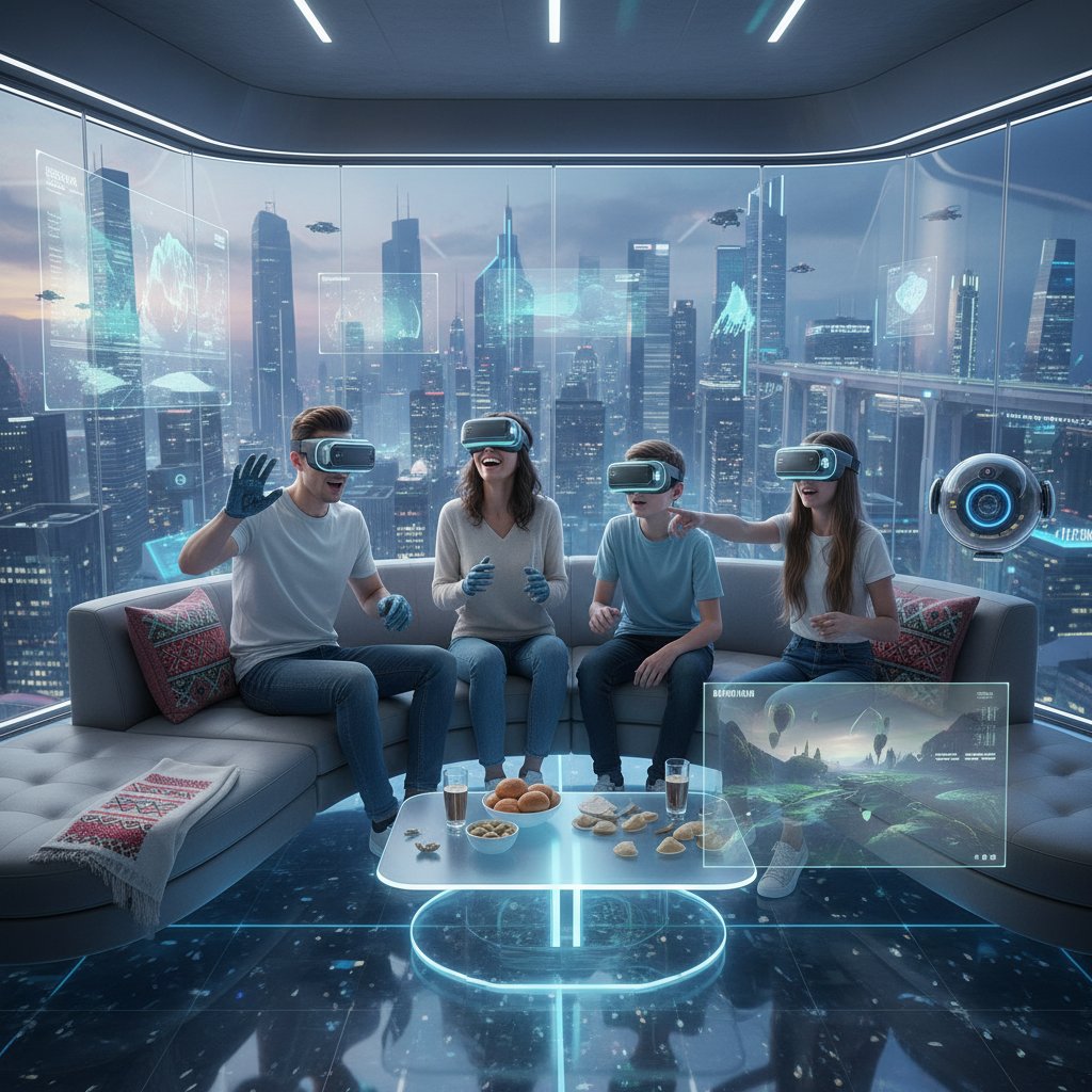 Rodzina w Polsce korzystająca z VR w 2025 roku – wielopokoleniowa scena domowa, nowoczesny salon, uśmiechy