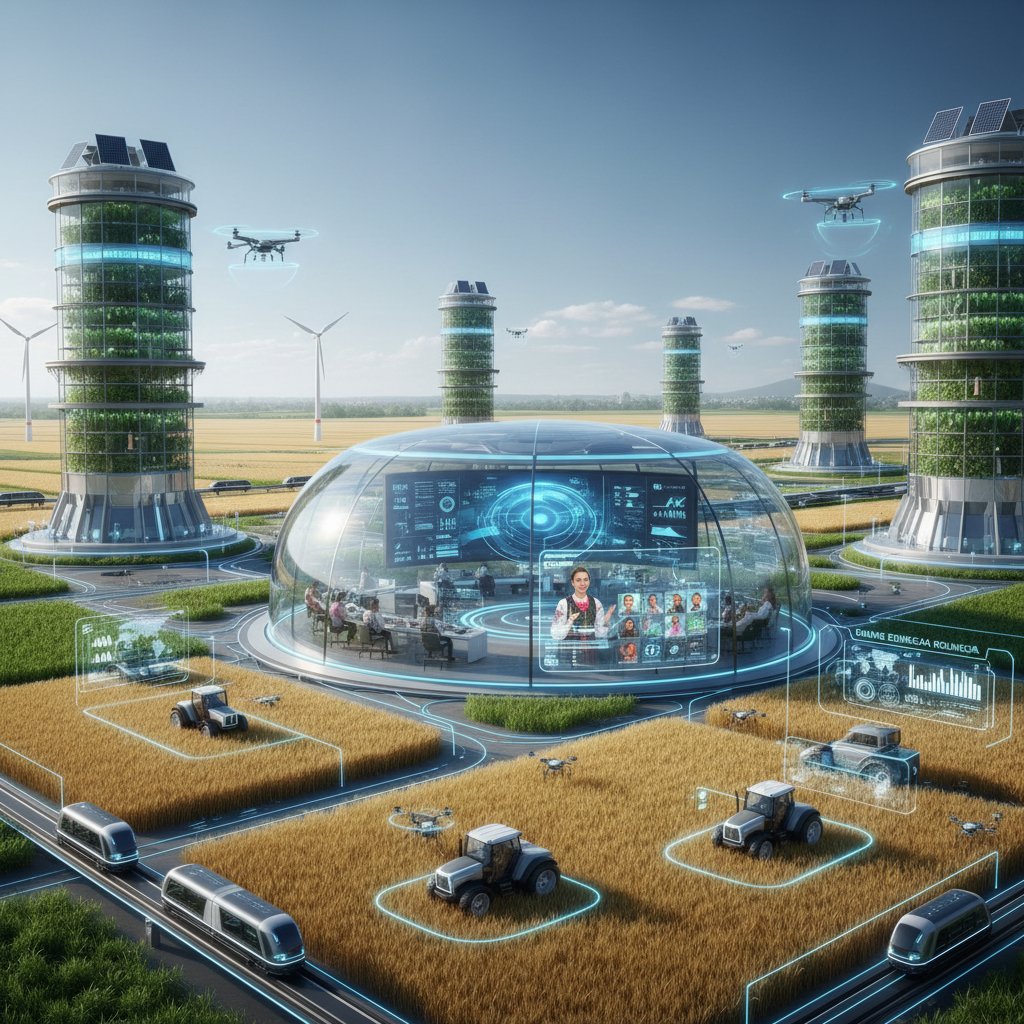 Wizja przyszłości polskiego rolnictwa z technologią online, zaawansowane czujniki, AI, nowoczesne maszyny