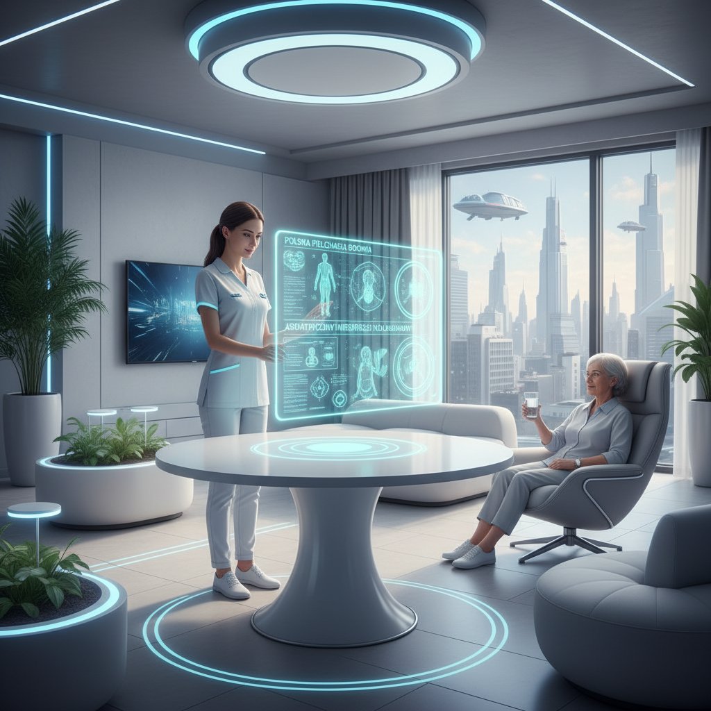Futurystyczna opieka domowa w Polsce, położna z rodziną przy holograficznym ekranie