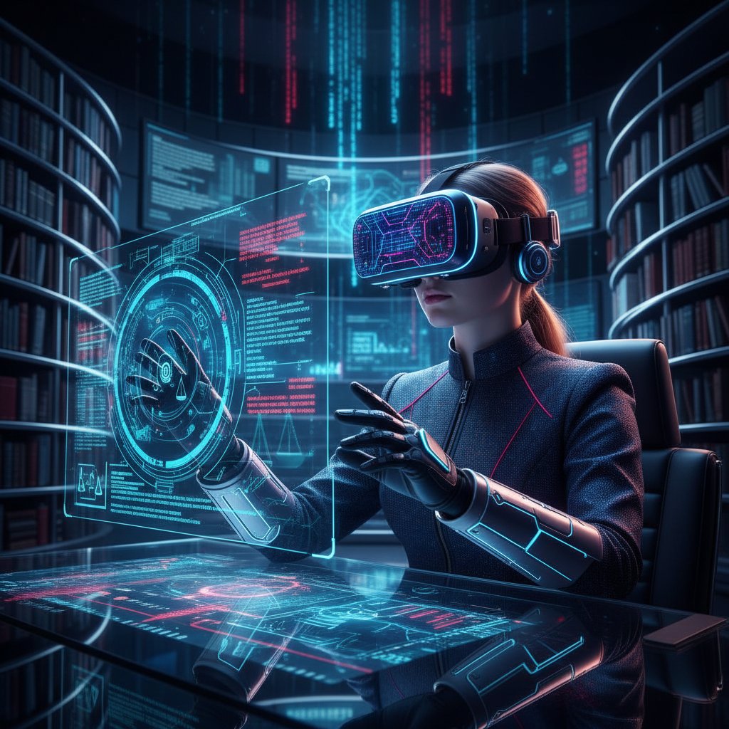 Polski student prawa w okularach VR, unoszące się cyfrowe kody, egzamin prawniczy online