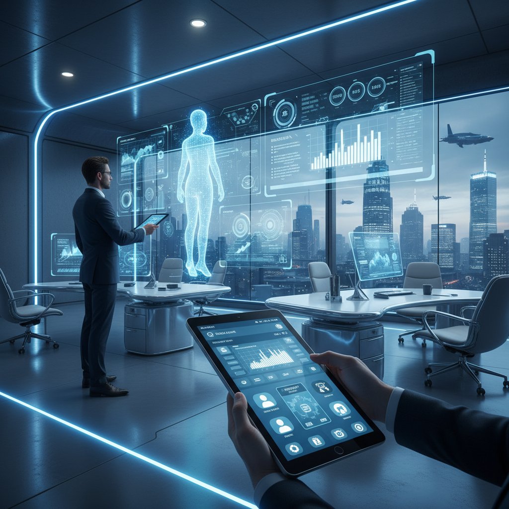 Nowoczesne polskie biuro, specjalista i asystent AI wspólnie analizują cyfrowe dashboardy, niebieskie światło, optymalizacja procesów