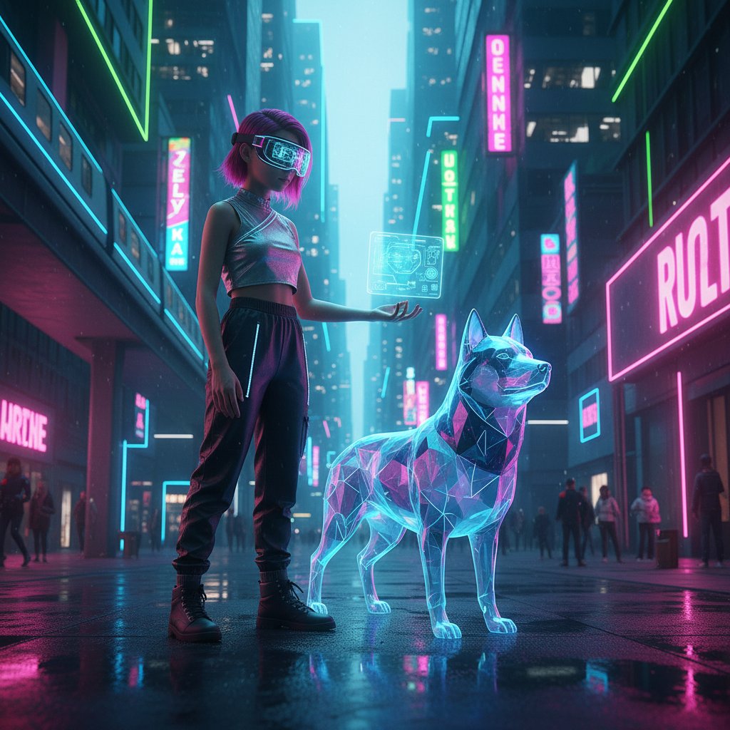 Nastolatek z holograficznym psem i okularami VR, neonowe światło, nowoczesny klimat