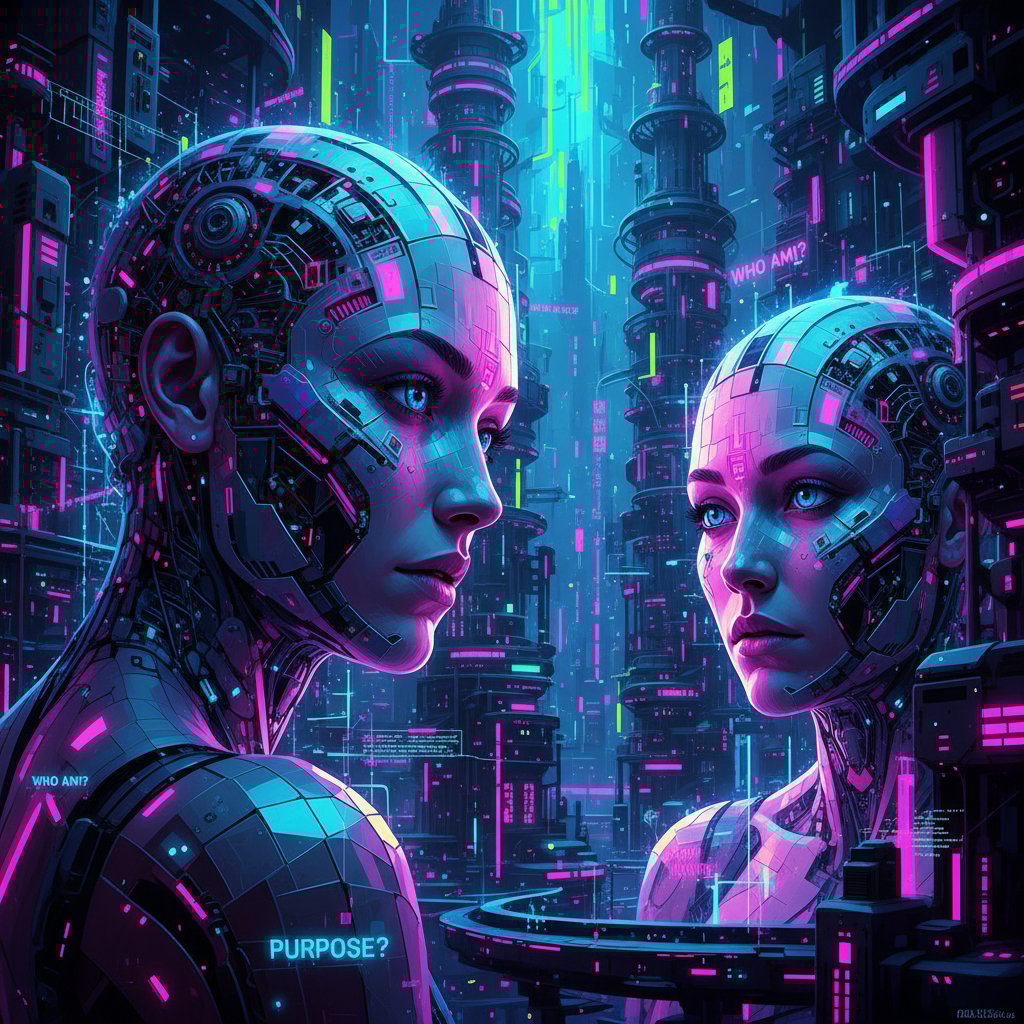 Futurystyczny portret człowieka i awatara AI naprzeciw siebie, motyw autorefleksji