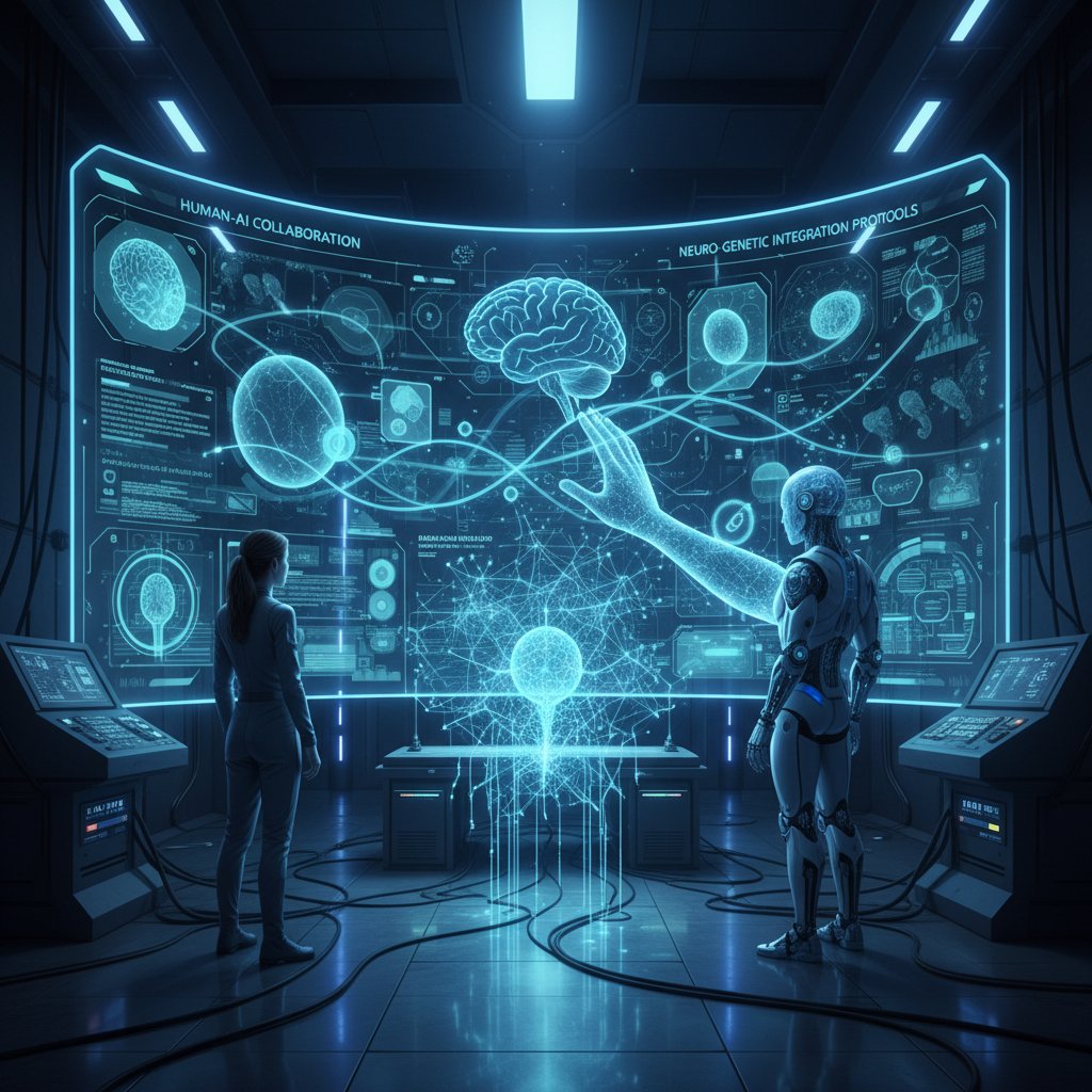 Editorial, speculative image of futuristic research interface, blending human and AI interaction. Alt text: Futuristic tech research interface blurring lines between human and AI analysts.