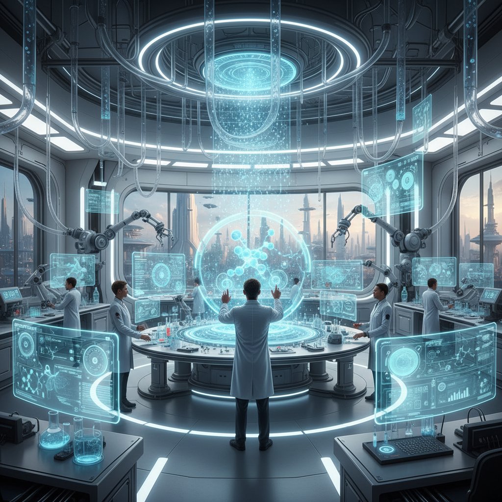 Futuristic lab with advanced research technology interfaces and holographic screens, vibrant and visionary.