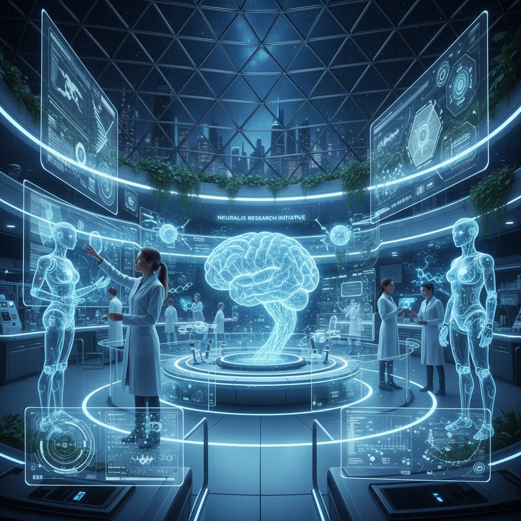 A futuristic research lab with researchers and AI collaborating seamlessly