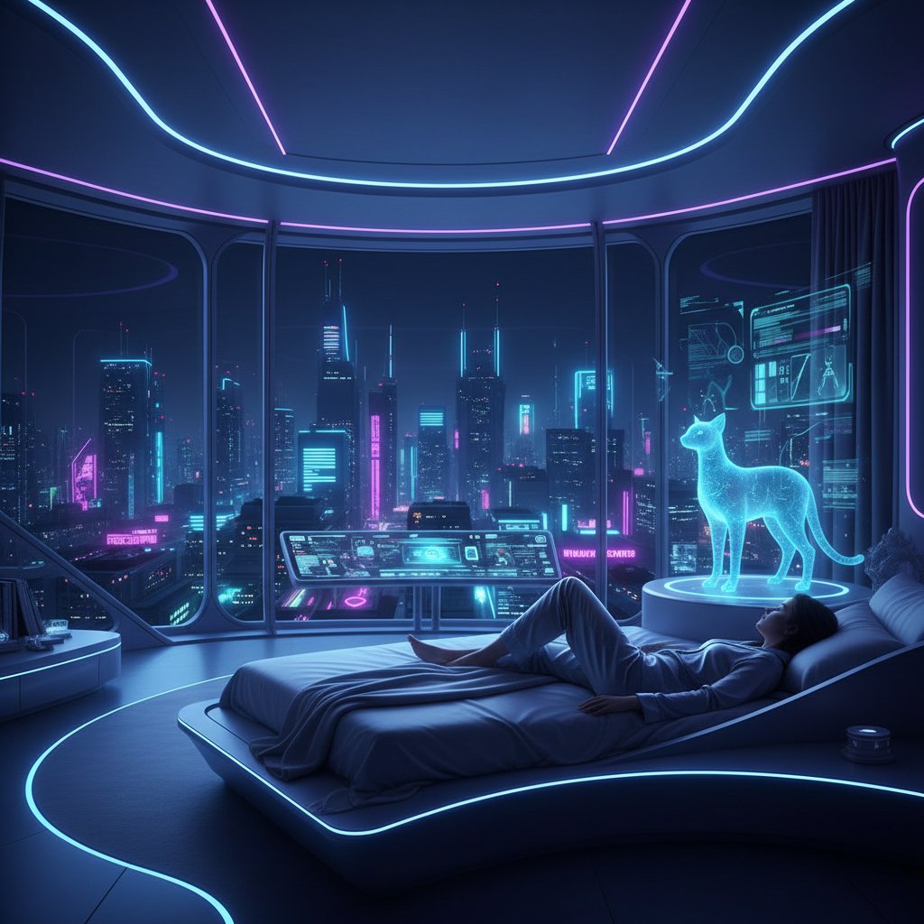 Przyszłość cyfrowych rozmów na odprężenie wieczorem, futurystyczny pokój z holograficznym towarzyszem AI i osobą w piżamie