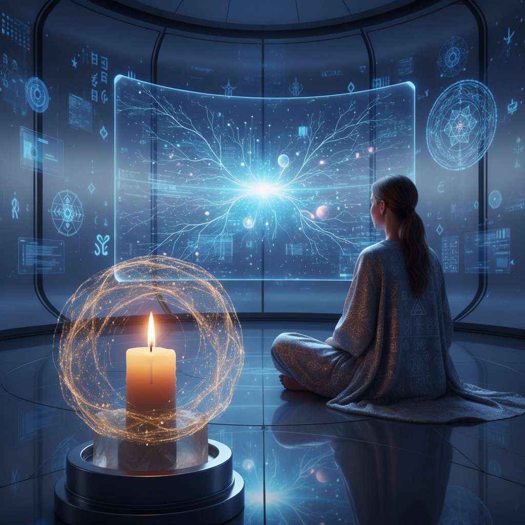 Futuristisch beleuchteter Raum mit einer Person, die zwischen leuchtenden Symbolen auf einem Bildschirm und einer realen Kerze sitzt, Verknüpfung von Digitalem und Spirituellem