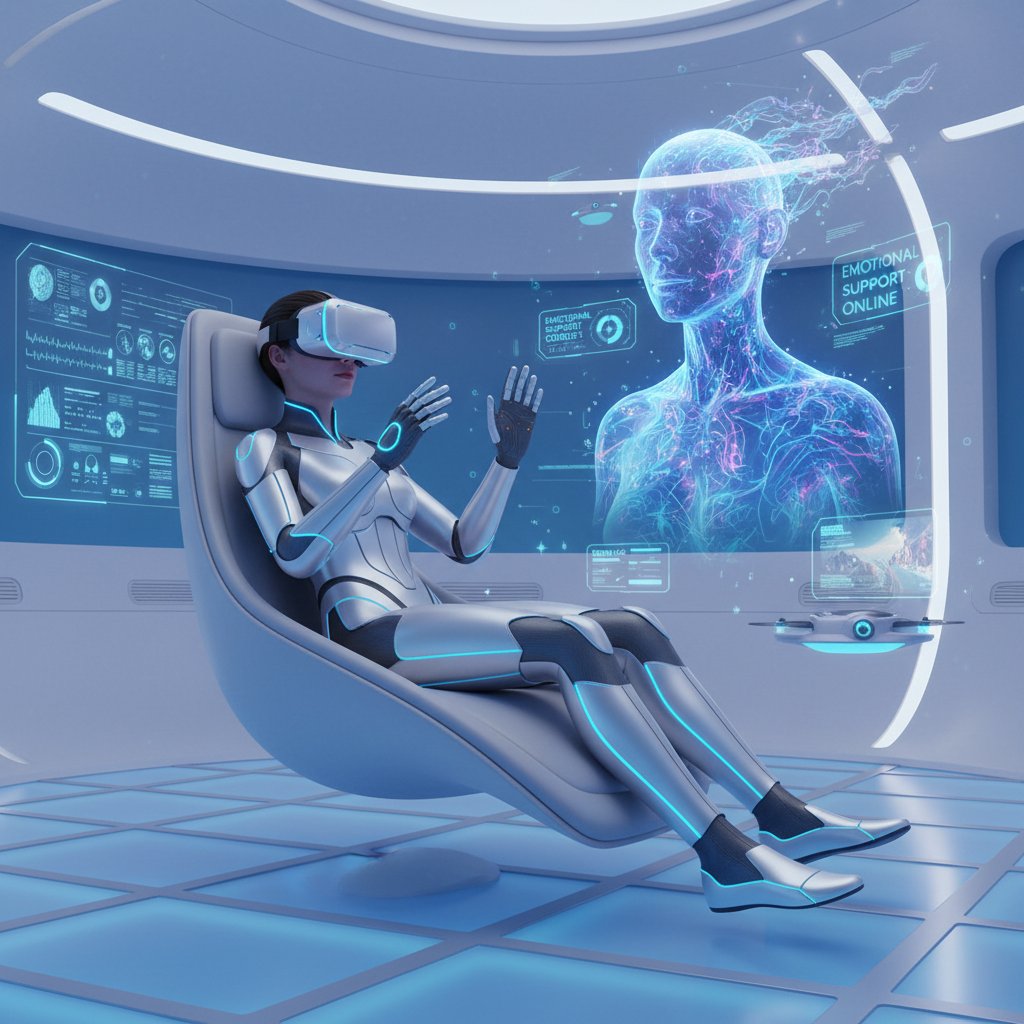 Futuristischer Raum, Person mit VR-Brille und Wearables, emotionale KI-Interaktion