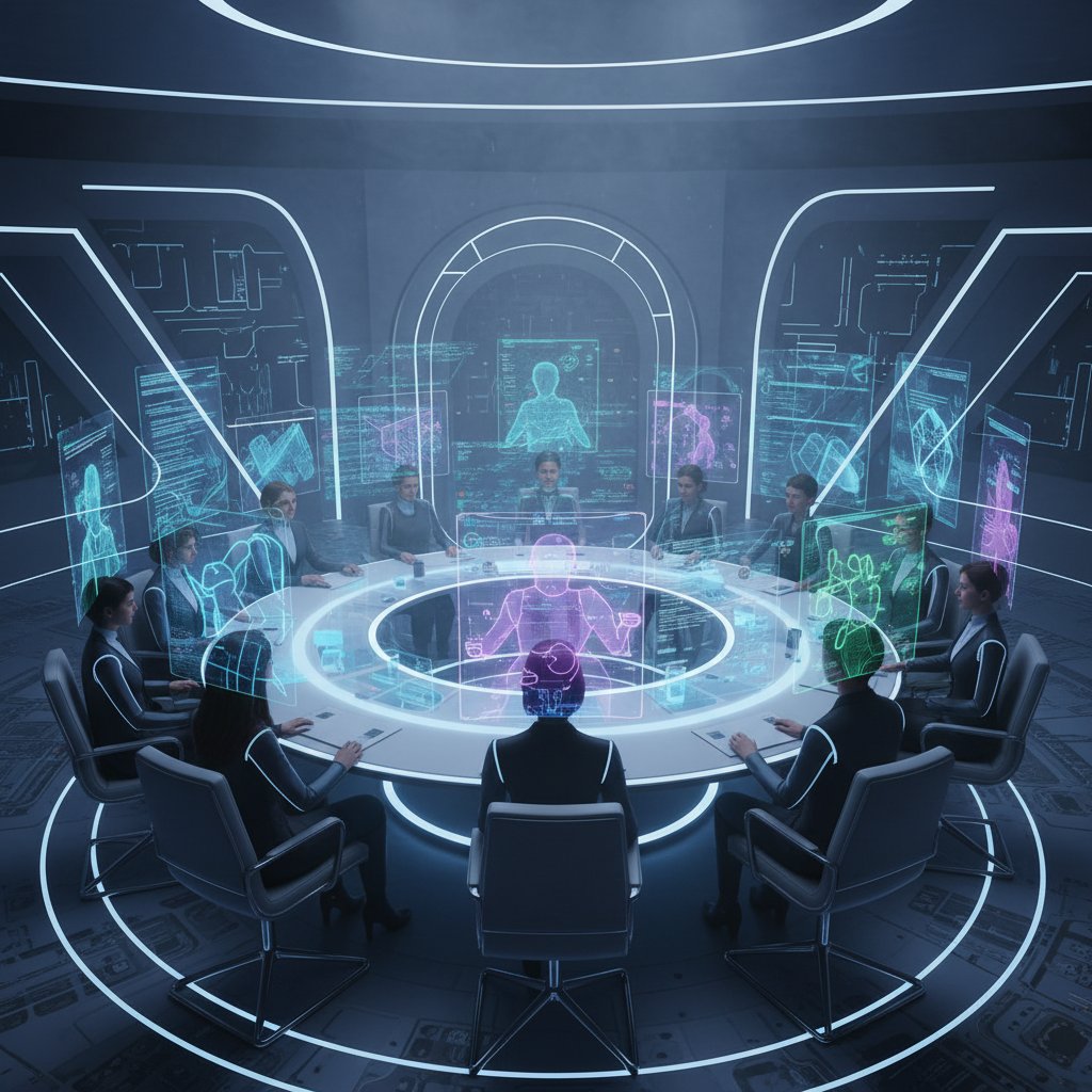 Futurystyczny stół, ludzie i awatary AI w głębokiej dyskusji, neonowe światło