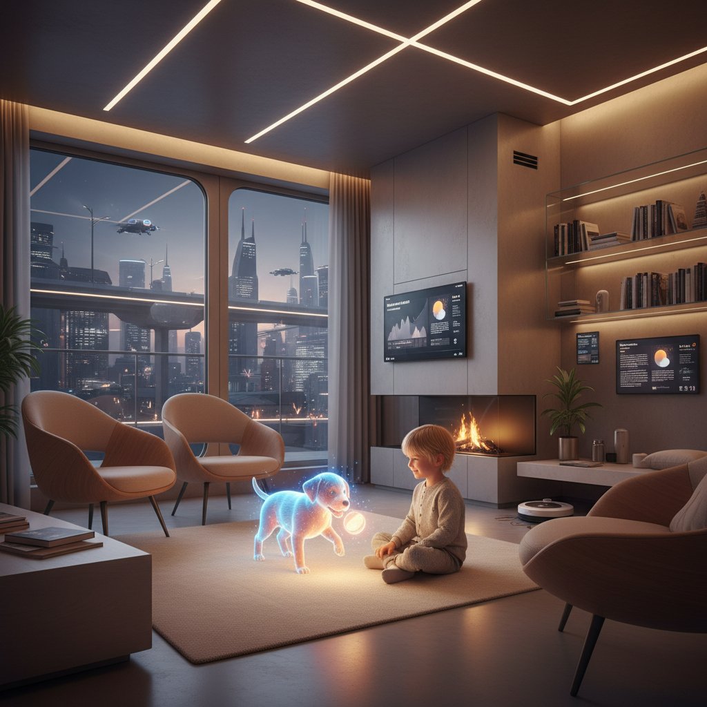 Kind spielt mit virtuellem Hund in moderner deutscher Wohnung