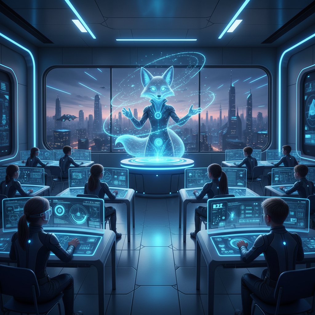 AI jako rozmówca w edukacji, futurystyczna klasa, holograficzna postać AI i uczniowie