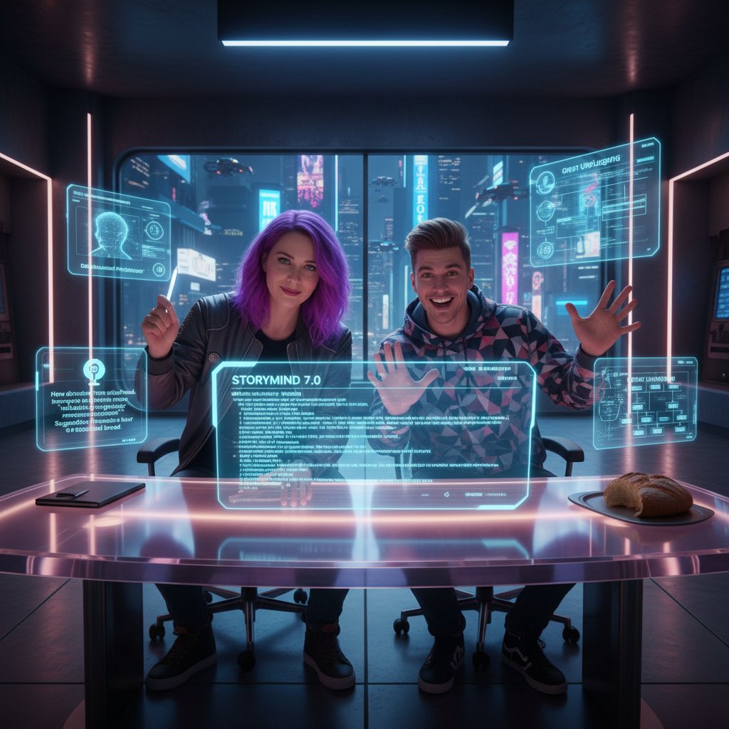 Futuristic screenwriters brainstorming with AI tools for meta comedy cinema