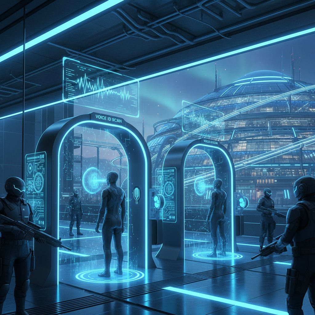 Osoba korzystająca z biometrii głosowej w punkcie kontroli bezpieczeństwa