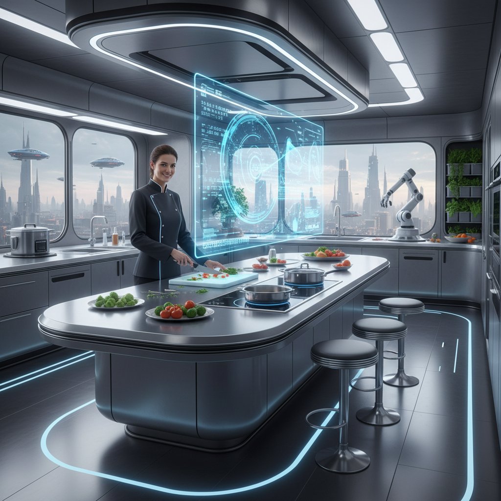 Gotowanie z pomocą sztucznej inteligencji w nowoczesnej kuchni, interfejs cyfrowy, pewność siebie