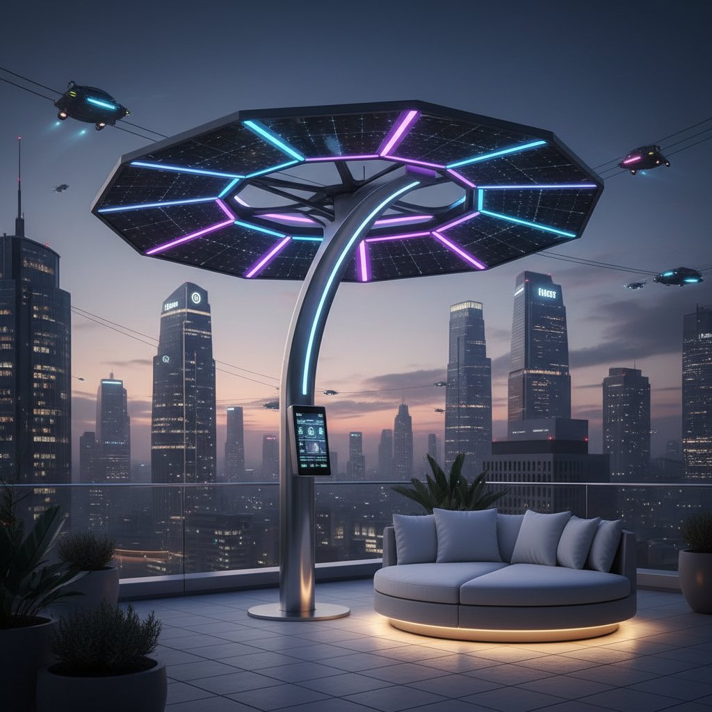 Futurystyczny smart parasol z wbudowanymi panelami słonecznymi i oświetleniem LED na dachu miejskiego budynku