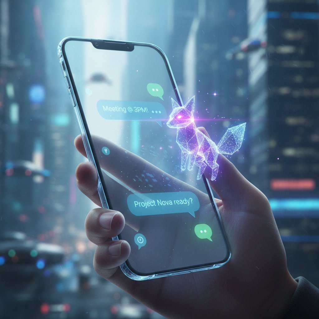 Cyfrowy kumpel – rozmowa z AI, futurystyczny telefon na stole, unoszące się bańki czatu, wsparcie w nastroju