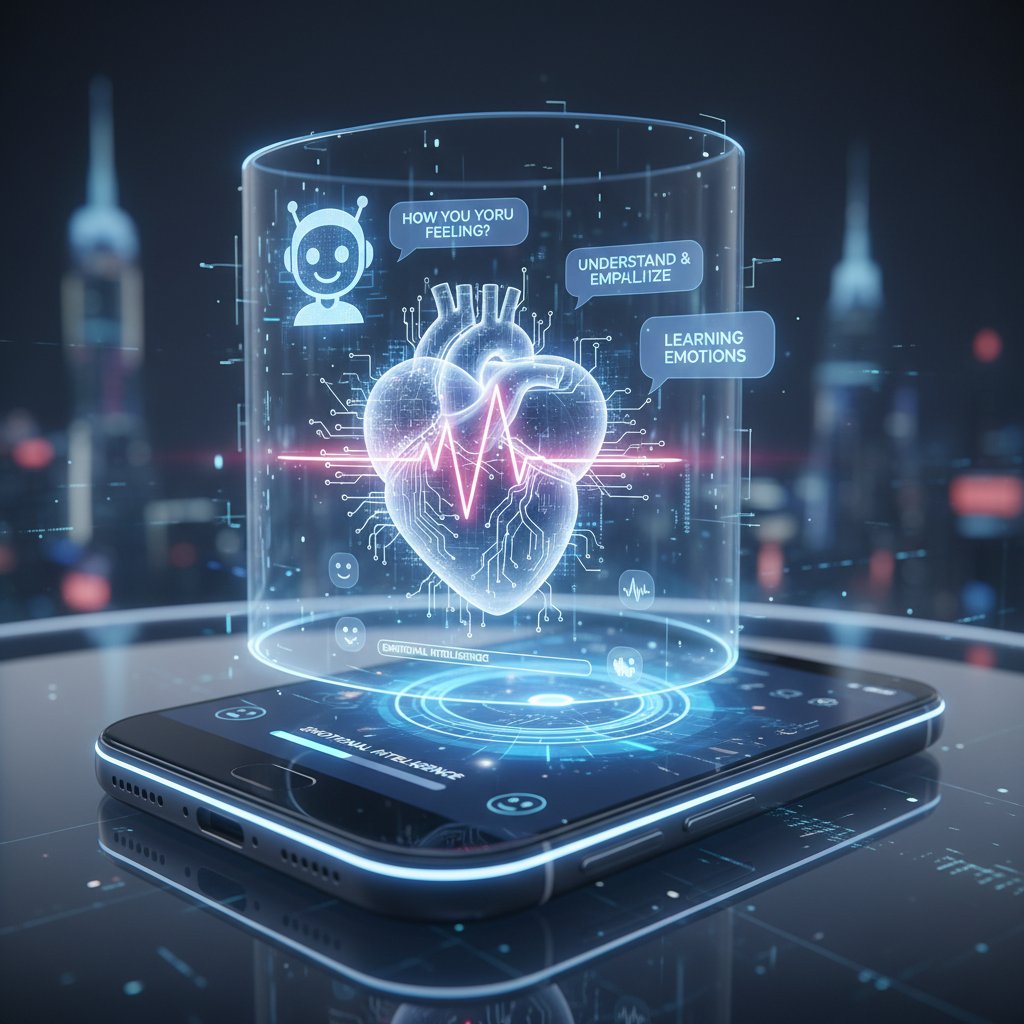 Futuristic photo of a person texting on smartphone, digital heart icons, AI chatbot overlay, representing technology and emotional intelligence