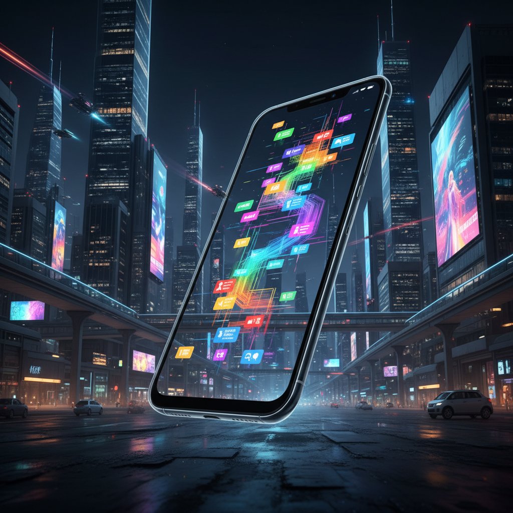 Smartfon z tęczowymi powiadomieniami w cyfrowym mieście nocą, symbolizujący nowoczesne wsparcie dla osób LGBT+