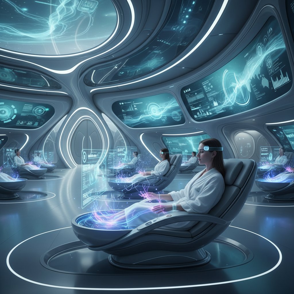 Nowoczesne spa z inteligentnymi ekranami, czujnikami biometrycznymi i cyfrowym interfejsem obok wody