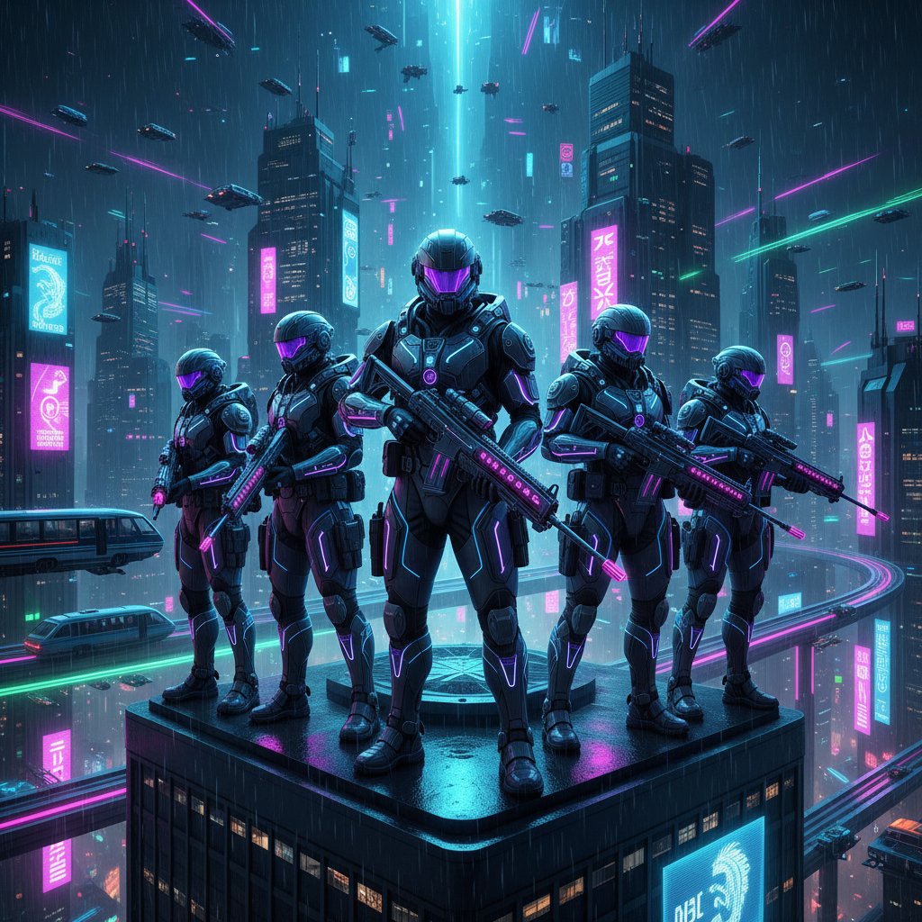 Special forces of the future in sci-fi urban environment, futuristic squad, neon-lit city, advanced gear, keywords: future special forces movies