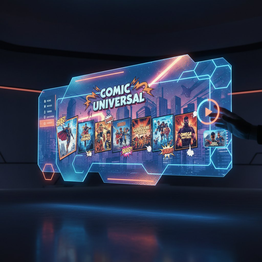 Next-gen movie discovery platform showcasing accidental criminal comedies, futuristic interface