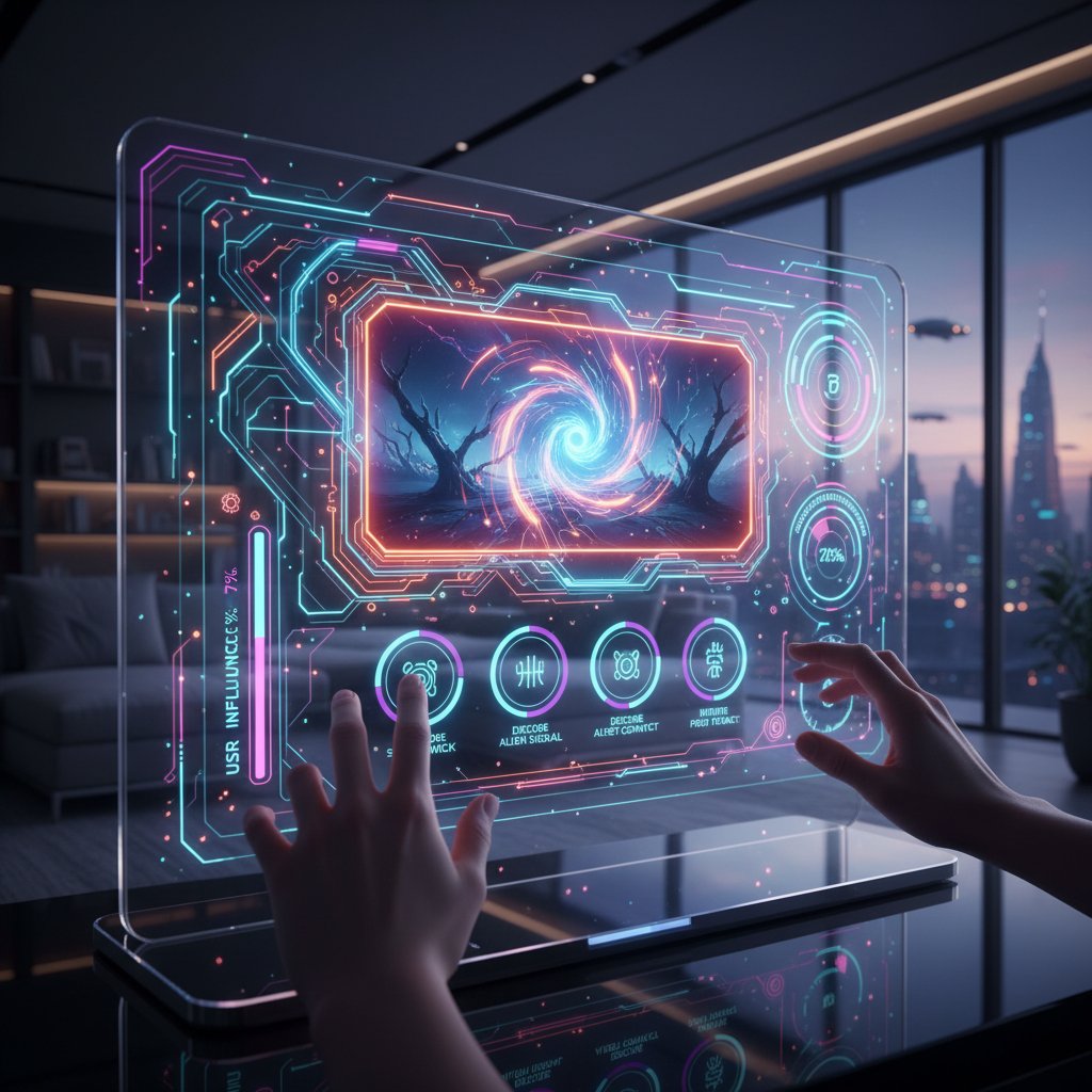 Interactive movie platform interface with branching choices, 2025 vision