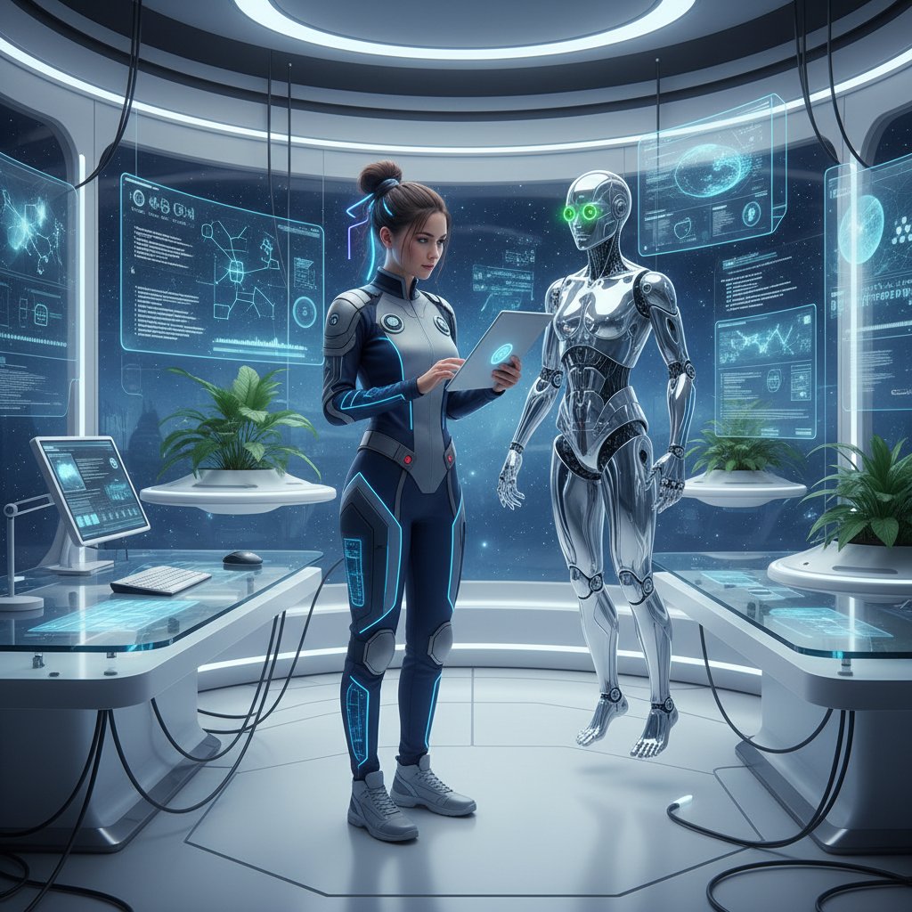 Futurystyczny uczeń korzystający z asystenta AI przy biurku, symbolizujący wykorzystanie sztucznej inteligencji w skutecznych technikach nauki