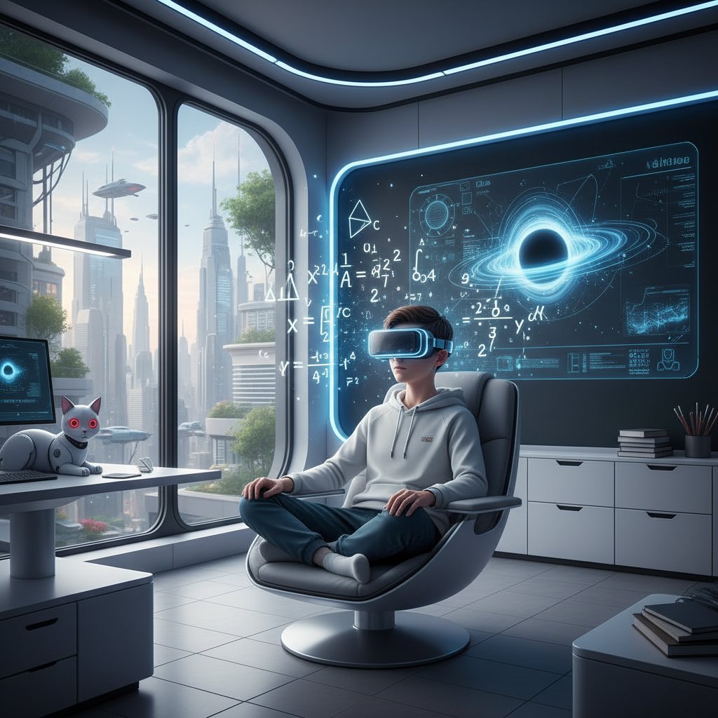 Przyszłość nauki – VR i sztuczna inteligencja w edukacji online, uczeń w okularach VR, hologram tablicy