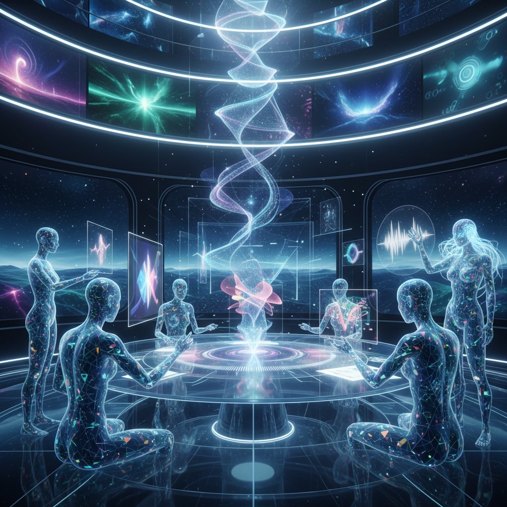 Futuristic studio with humans and AI avatars co-creating immersive art, representing the future of creative collaboration.