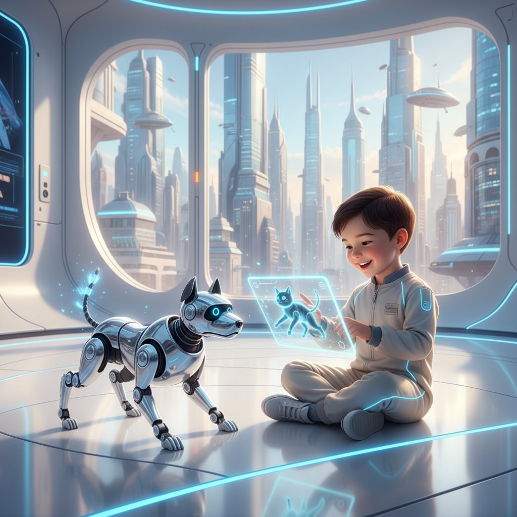 Kind spielt mit Robotertier und virtueller Katze, Darstellung der Vielfalt digitaler Haustiere